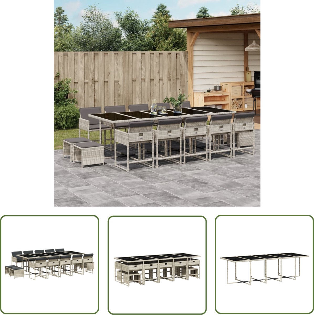 The Living Store 15-delige Tuinset met kussens poly rattan lichtgrijs - Tuinset - Buitendecoratie - Lounge Set - Eetkamerset - Poly Rattan