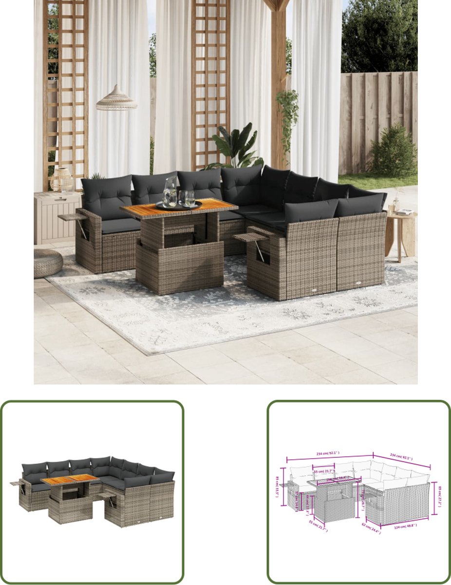 The Living Store 9-delige Loungeset met kussens poly rattan grijs - Loungeset - Tuinset - Acacia Hout - Pe Rattan - Grijze Lounge Set
