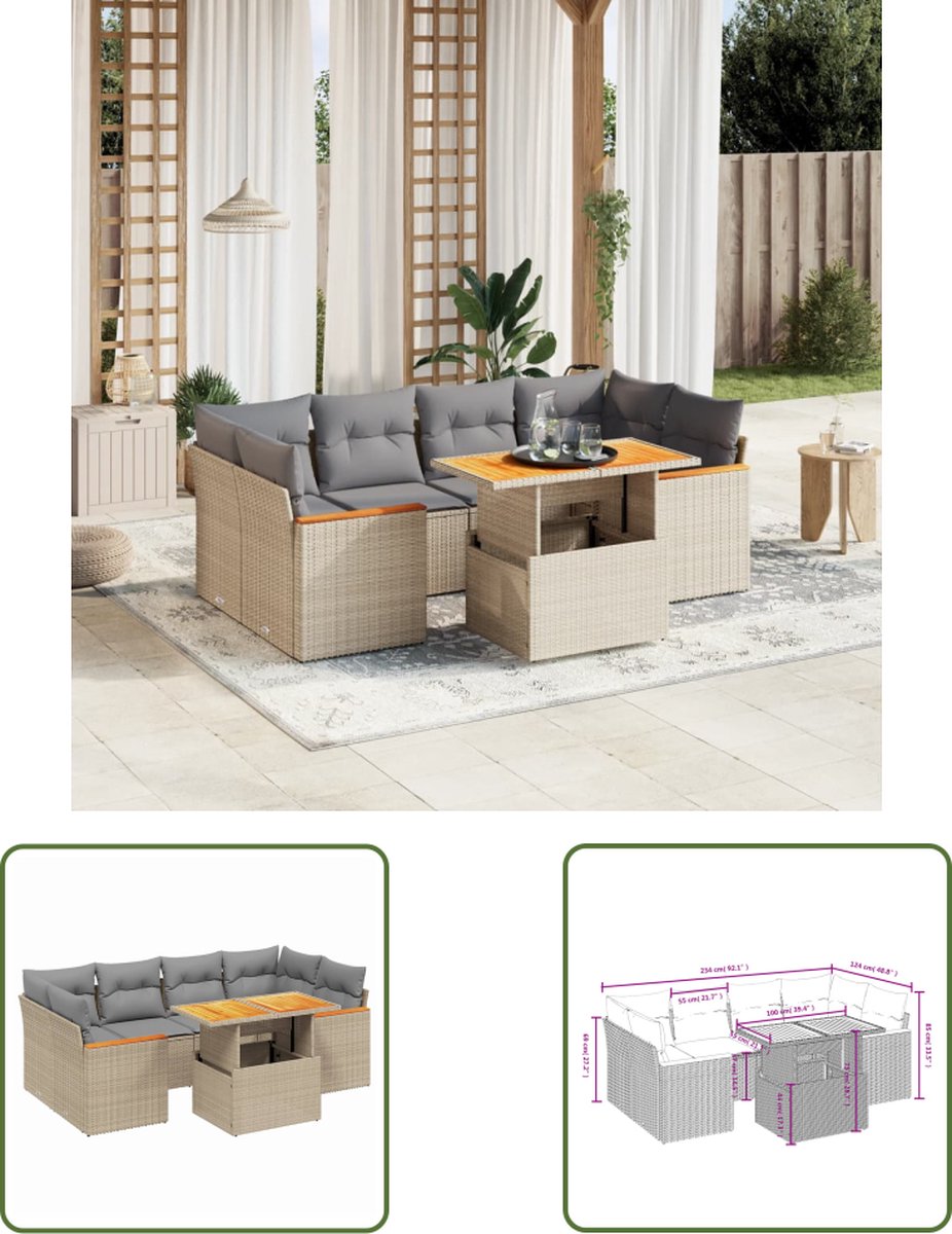 The Living Store 7-delige Loungeset met kussens poly rattan beige - Loungebank - Lounge Set - Tuinset - Buitendecoratie - PE Rattan