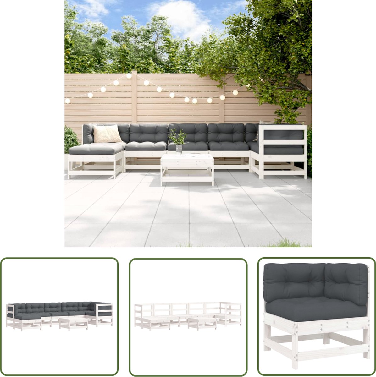 The Living Store 8-delige Loungeset met kussens massief hout wit - Loungeset - Tuinset - Lounge - Tuinmeubilair - Hout