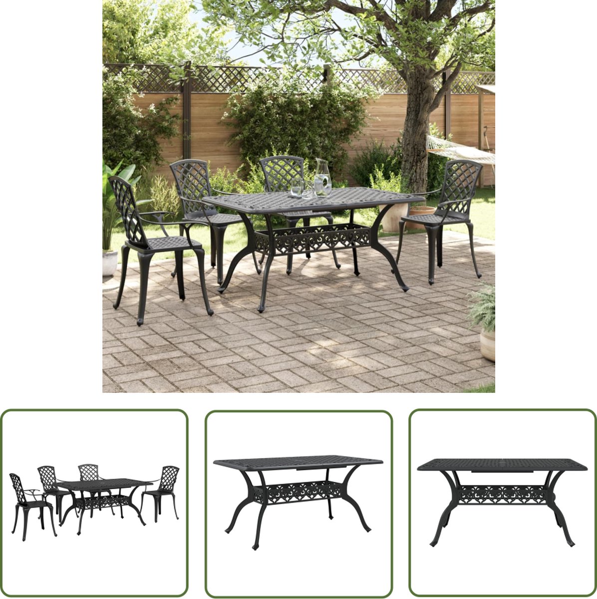 Zwarte gietaluminium tuinset met tafel en stoelen - Buitendecoratie - The Living Store.