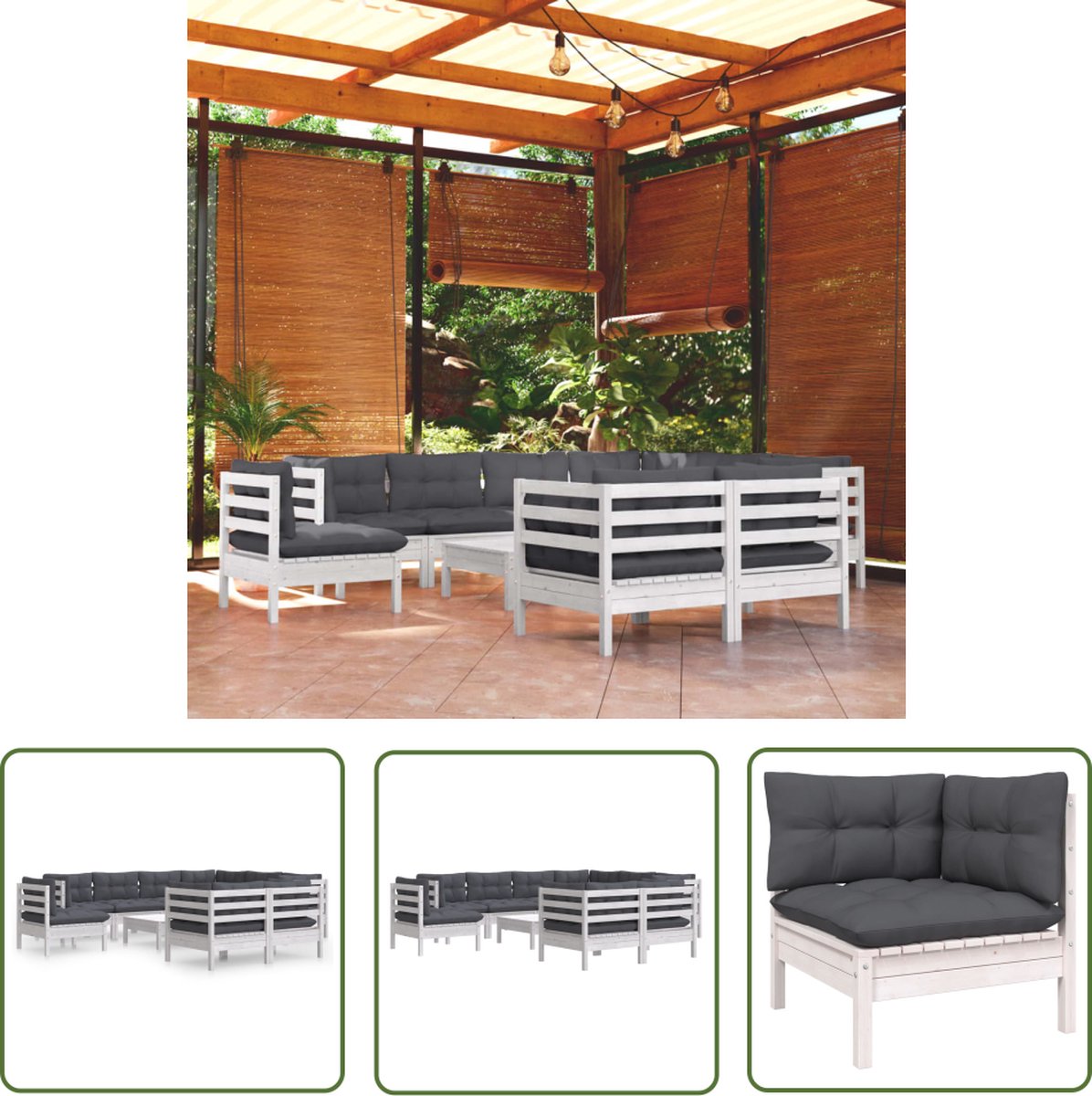 The Living Store 10-delige Loungeset met kussens massief grenenhout wit - Loungeset - Tuinmeubels - Houten Lounge Set - Grenenhout - Loungebank