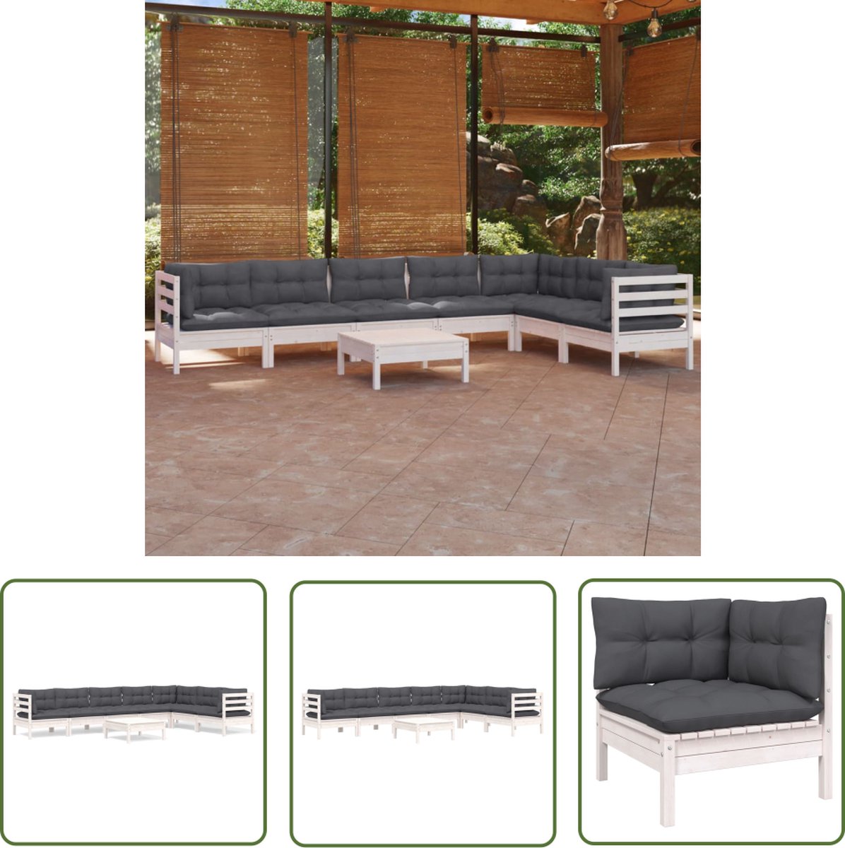 The Living Store 8-delige Loungeset met kussens massief grenenhout wit - Loungeset - Lounge Set - Tuinset - Buitendecor - Houten Bank