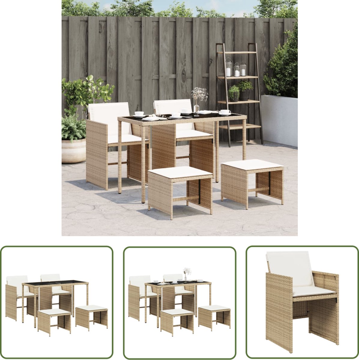 The Living Store 5-delige Tuinset met kussens poly rattan beige - Tuinset - Buitendecoratie - Lounge Set - Eetkamerset - Poly Rattan