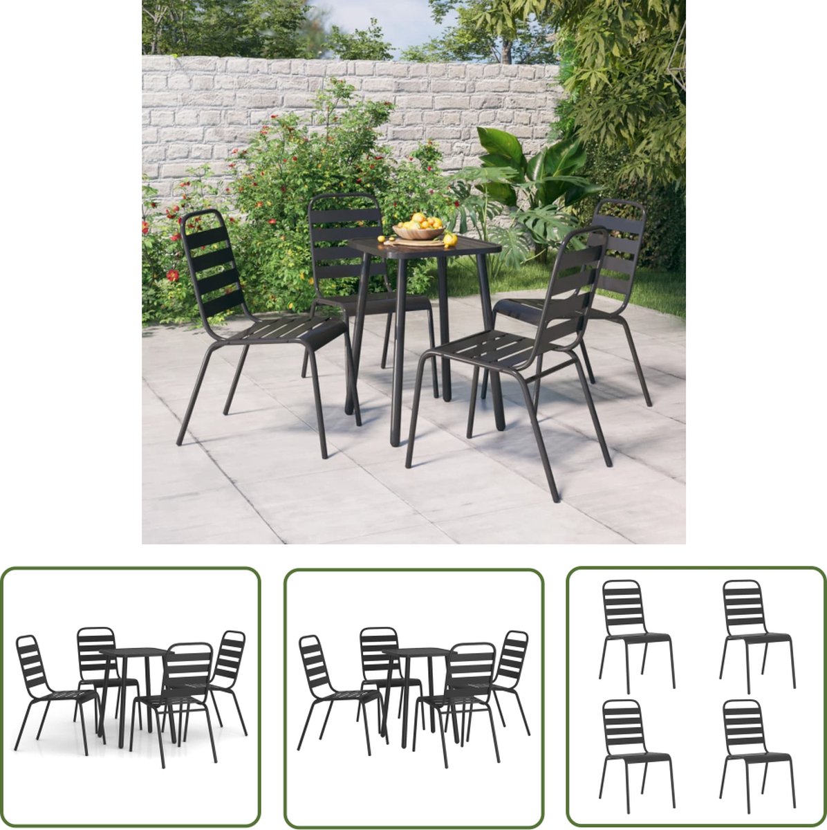Stijlvolle antracietkleurige 5-delige tuinset met buitentafel en tuinstoelen.