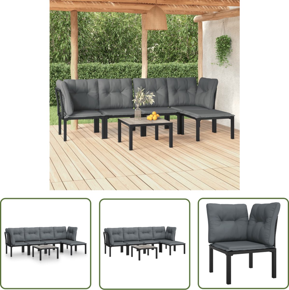 The Living Store 6-delige Loungeset poly rattan zwart en grijs - Loungeset - Tuinset - Lounge Set - Buitendecoratie - Tuinmeubelset