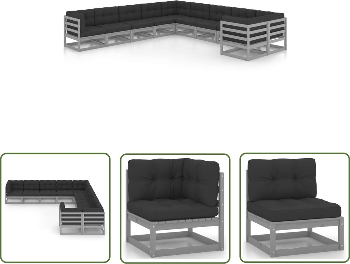 The Living Store 10-delige Loungeset met kussens massief grenenhout grijs - Loungeset - Tuinset - Houten Lounge - Grenenhout - Loungestoel