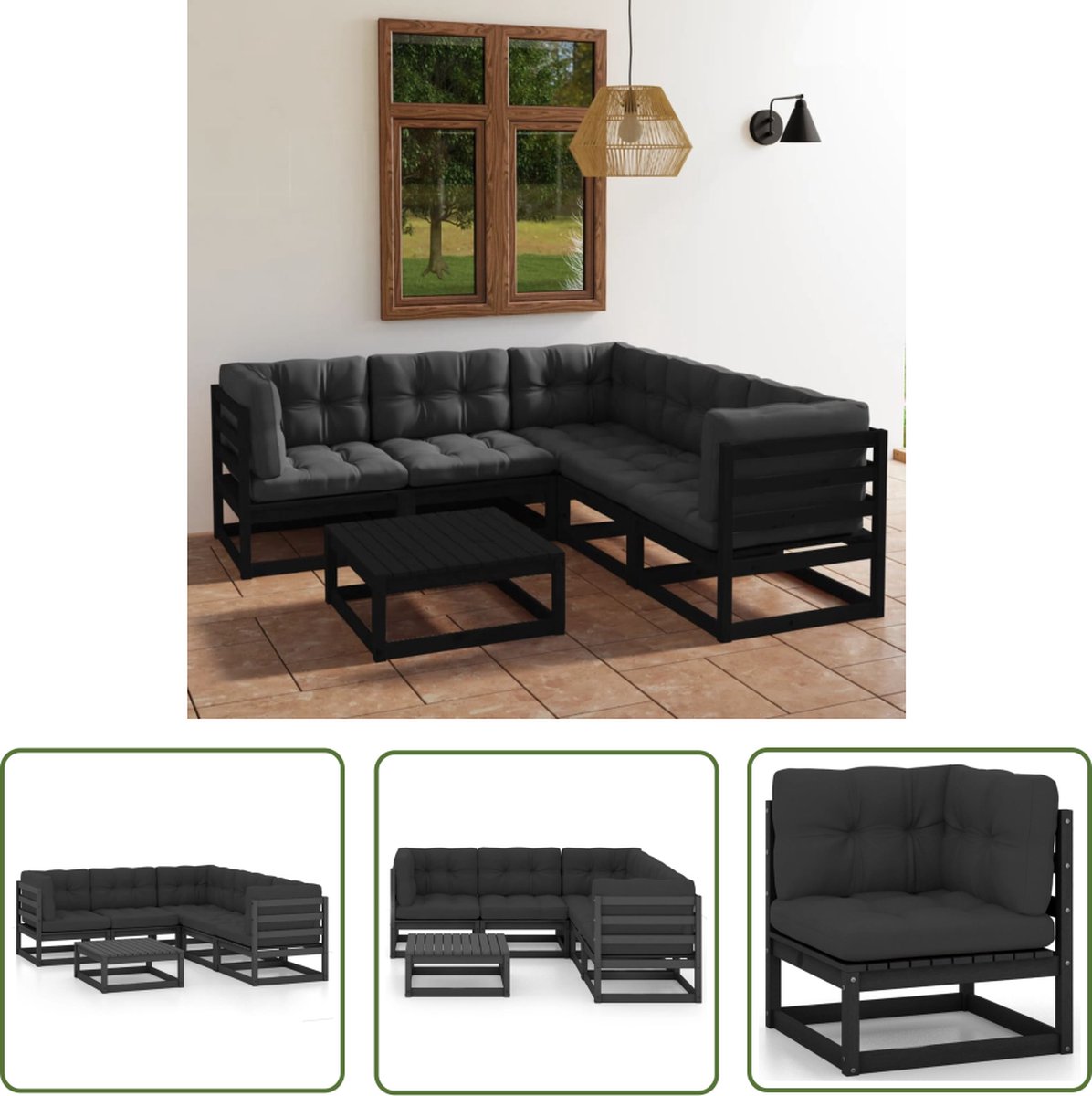 The Living Store 6-delige Loungeset met kussens massief grenenhout - Loungeset - Tuinset - Houten Lounge - Tuinlounge - Buitendiner