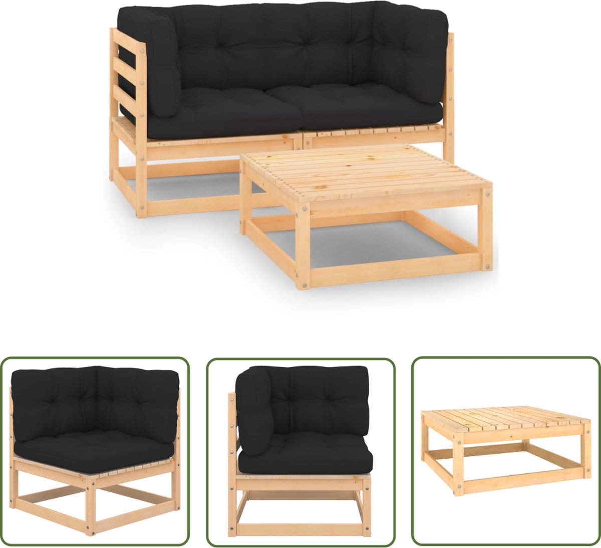 Massief grenenhouten loungeset met kussens voor tuin en terrasdecoratie.