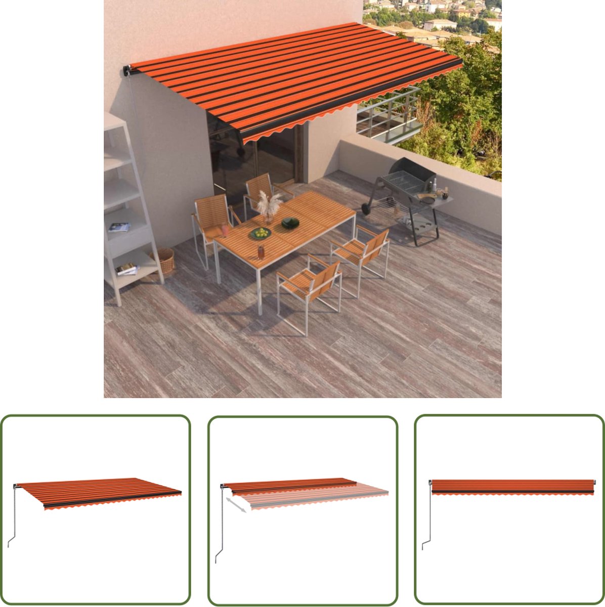 Retractable outdoor awning in orange and brown, 600x350 cm - The Living Store brand - Parasol - Veranda - Garden summer.