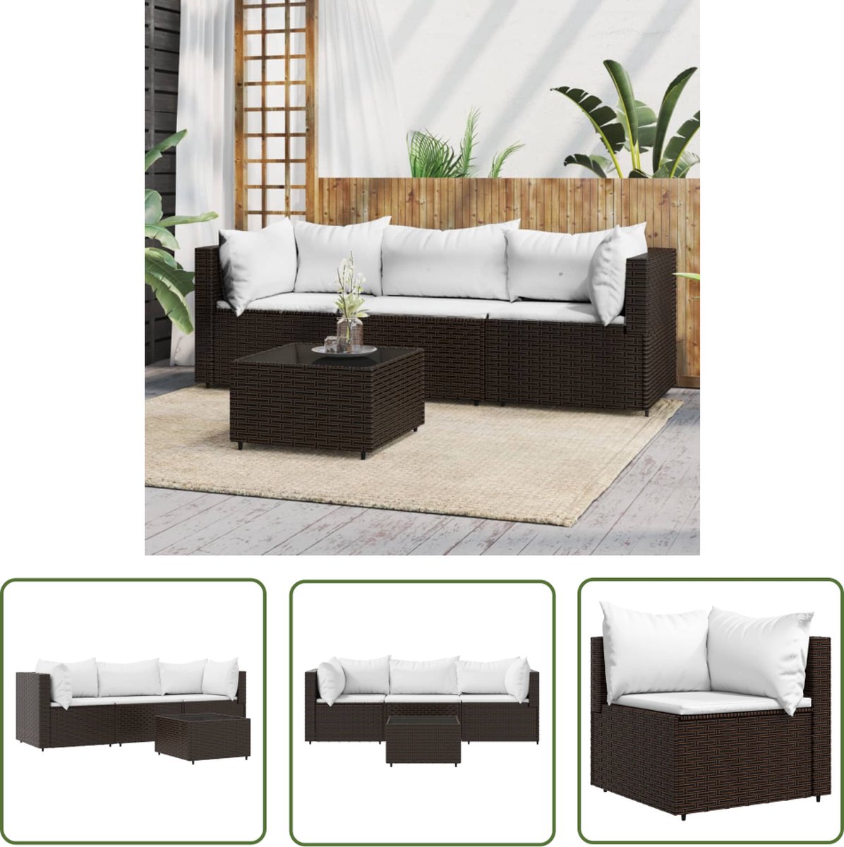 The Living Store loungeset Hoekbank Middenbank Tafel - Bruin - PE-rattan Loungeset - Buitenset - Loungehoekbank - Tuinbank - Terrasfurniture - Set Bank Stoel Tafels - Pe Rattan - Bruine Loungebank