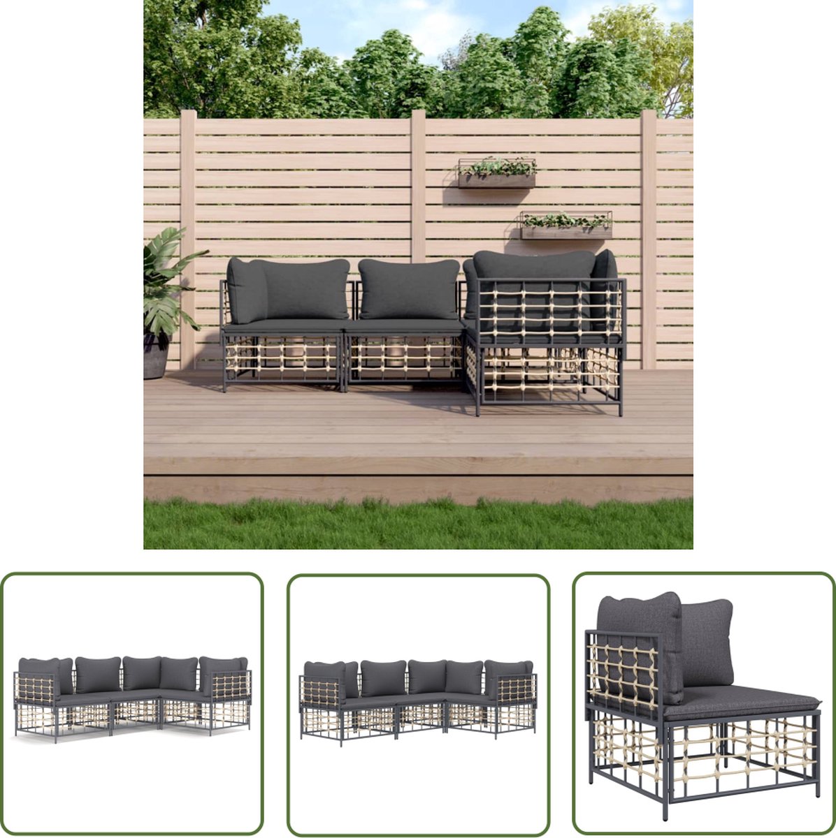 The Living Store Hoekbank Loungeset - Antraciet - Poly rattan - 72 x 72 x 66 cm - Weerbestendig materiaal Hoeksofa - Lounge Set - Tuinset - Buitenspaarplaats - Polyrattan - Antraciet - Balkon - Terras