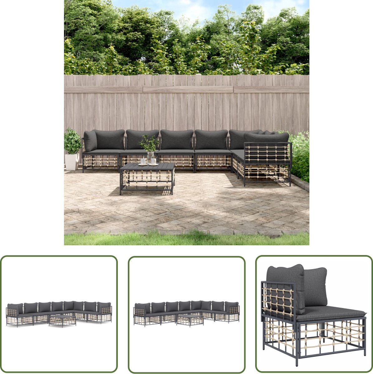 Poly Rattan Lounge-Set in Antraciet kleur, weerbestendig, 72x72x66 cm.