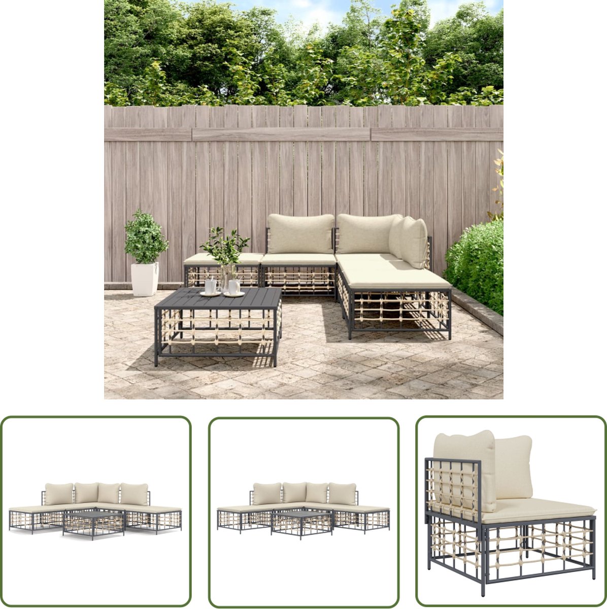 Tuin loungeset in antraciet met hoekbank, middenbank, tafel en voetenbankje.