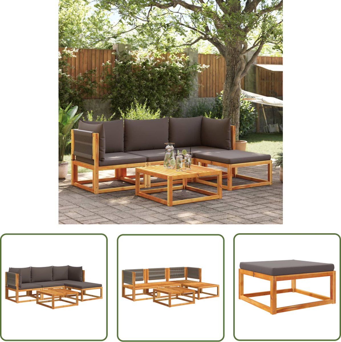 The Living Store Acaciahouten Loungeset - Tuinmeubelen Modulair Ontwerp - Grijs - 65 x 65 x 29 cm - Comfortabel zitervaring Loungebank - Tuinset - Acacia Hout - Outdoor Furniture - Tuinmeubels - Lounge Set - Balkon Meubel - Buitendecoratie