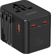 Bol.com Sounix Wereldstekker met USB-C en USB Poort - Reisstekker - Snellader - 25w - 1 USB A en 2 USB C - 200+ Landen - Univers... aanbieding