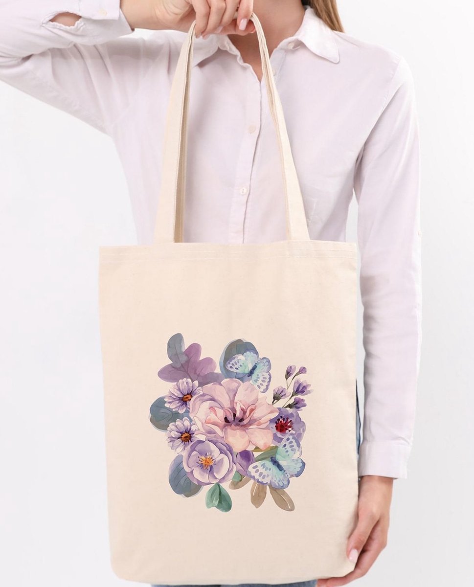 Kwube Dames Tassen - Shopper - Naturel Katoen - Linnen Tas - Vlinder en Bloemen Design - 35x40 cm - Katoenen Schoudertas - Boodschappentas - Butterfly and Flowers Natural Cotton Tote Bag - Cadeau Voor Haar