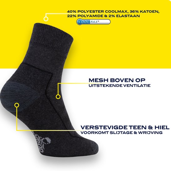 Donkergrijze wandelsok met mesh bovenop voor ventilatie. Versterkte teen & hiel.