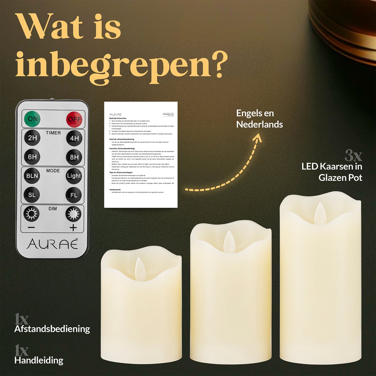 Aurae Led Kaarsen met Bewegende Vlam - 3x - Echte Wax - Afstandsbediening - 250+ Branduren - op Batterijen - Flikkerende Vlam - Timer - Kerst Kaarsen — cadeau in Wonen & Interieur - foto 6