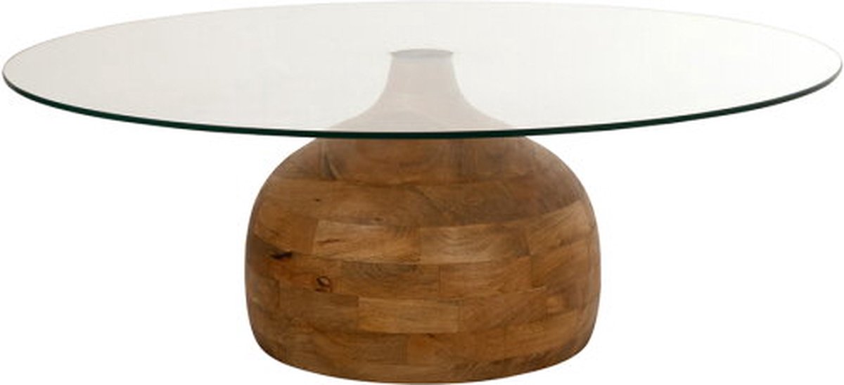 Salontafel Stella Rond Massief Mangohout Helder Glas - 100x100x35 cm - Grote glazen salontafel - Design koffietafel - Moderne ronde houten tafel