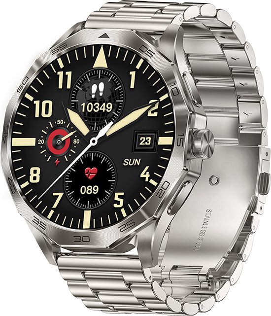 Zilveren smartwatch met metalen bandje, display toont tijd, datum, hartslag en stappenteller.