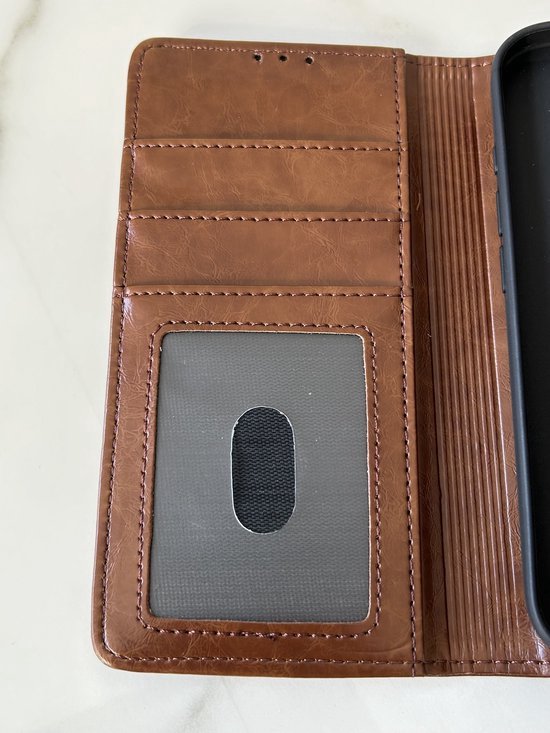 Étui portefeuille en similicuir PU pour iPhone 16 - Qualité Premium - Avec emplacements pour cartes - Marron