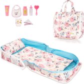 Lit Pliable Pour Poupées ODG Avec Sac De Transport - Tissu Blanc à Fleurs Roses, Structure En Plastique Solide