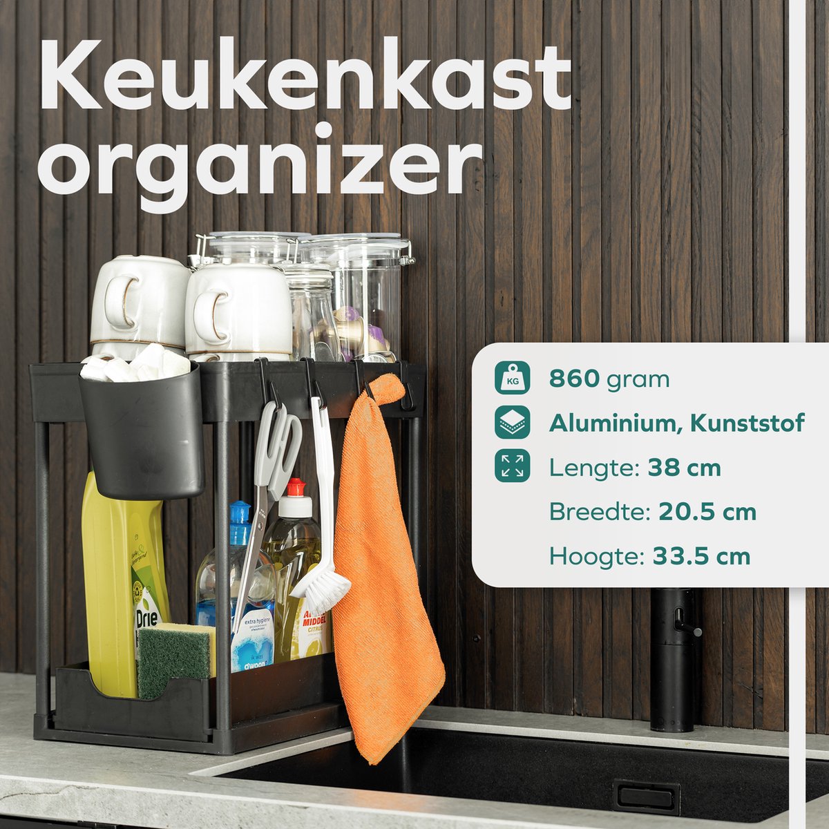 Wellewares - Keukenkast Organizer - Gootsteenkast Organizer met Uitschuifbare Lade Gootsteen - Zwart — cadeau in Cadeau-ideeën - foto 5