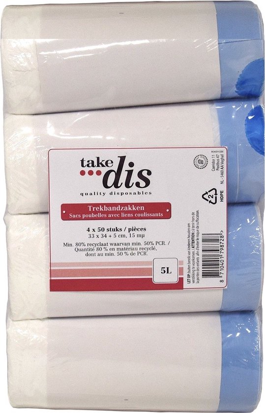 Verpakking met 4 rollen witte vuilniszakken, elk 50 stuks. Blauwe accenten op de verpakking en rollen.