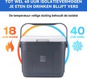 Grijze Brisby koelbox met de tekst 'Tot 40 uur isolatie'. 18 uur warm, 40 uur koel.