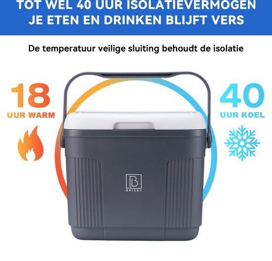 Grijze Brisby koelbox met de tekst 'Tot 40 uur isolatie'. 18 uur warm, 40 uur koel.