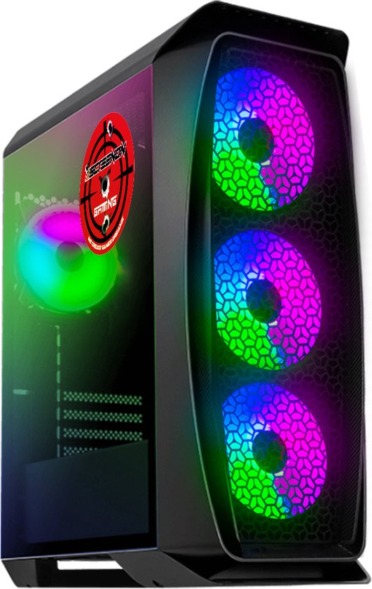 Zwarte game-pc met transparante zijkant en drie verlichte RGB-ventilatoren aan de voorkant.