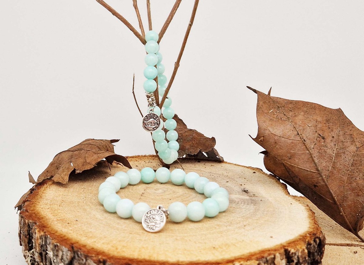Handgemaakte natuursteen Geluksarmband met hanger "Astrologische Symbolen " AAA Amazonium" -8 mm diameter van de korrel- Diameter armband 20 cm - Kies je favoriete Astrologische Symbolen - Een mooi cadeau voor familie en vrienden