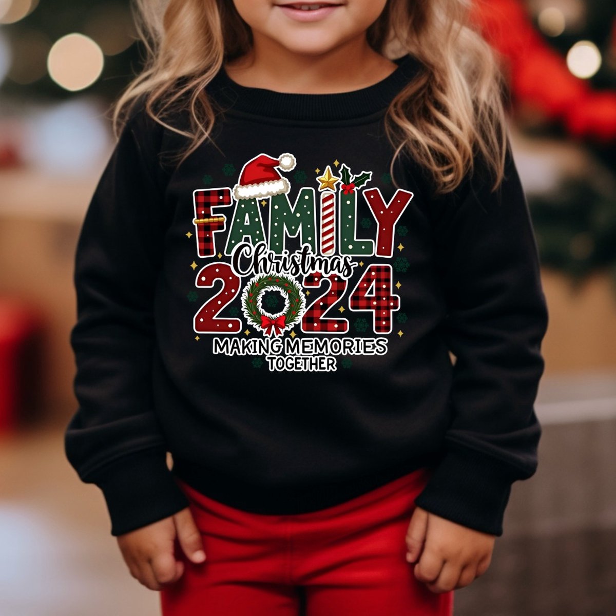 Kersttrui voor kinderen-family christmas 2024 making memories together-leuke kerst sweater voor het schooldiner-Maat 104