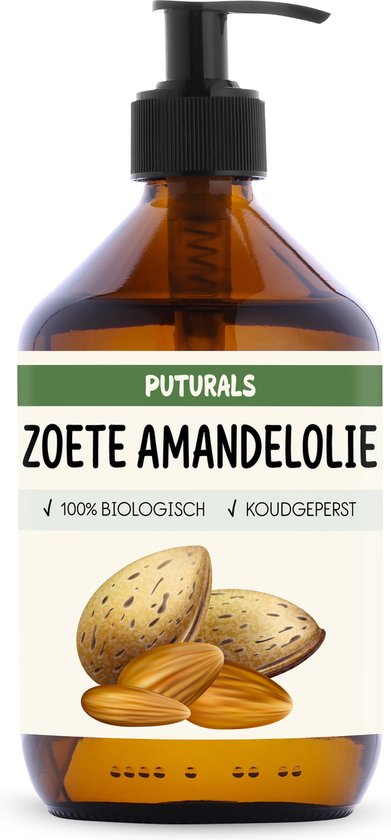 Bruine pompfles met 'Zoete Amandelolie' etiket, 100% biologisch en koudgeperst, met afbeelding van amandelen.
