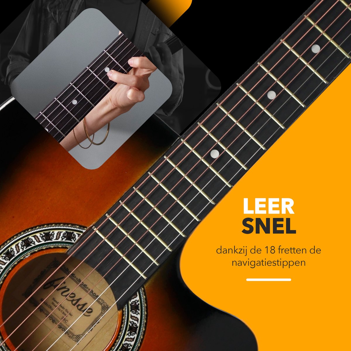 Finesse Akoestische Gitaar - met Videocursus - Western Gitaar - Gitaar Kind & Volwassenen - Sunburst thumbnail 3