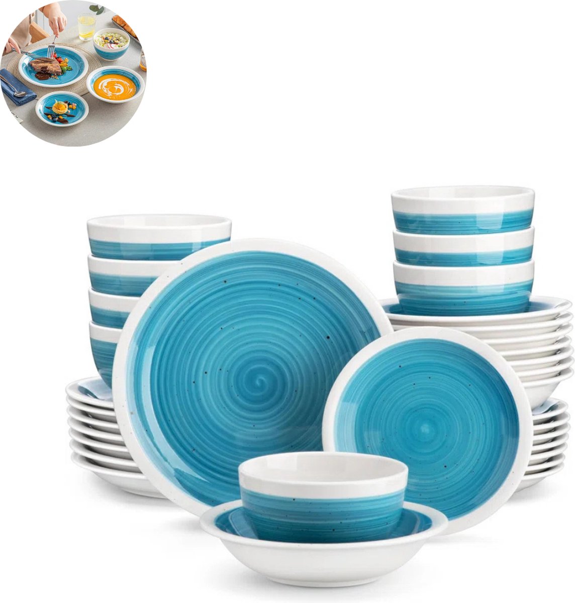 Luxe Serviesset – 32 delig – 8 persoons – Porselein - Bordenset – Dinner platen – Dessertborden - Kommen - Pastabord - Blauw