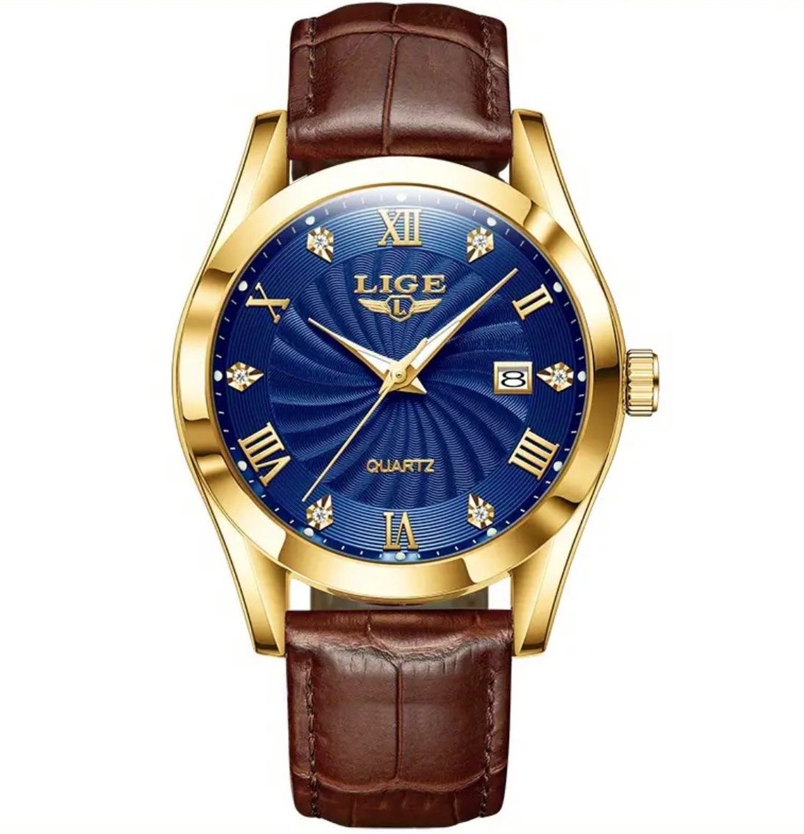 Lige - Herenhorloge - Leren Band - Polshorloge - Heren - Horloge - Horlogedoos - Mannen - Goud Blauw - Polsband Bruin