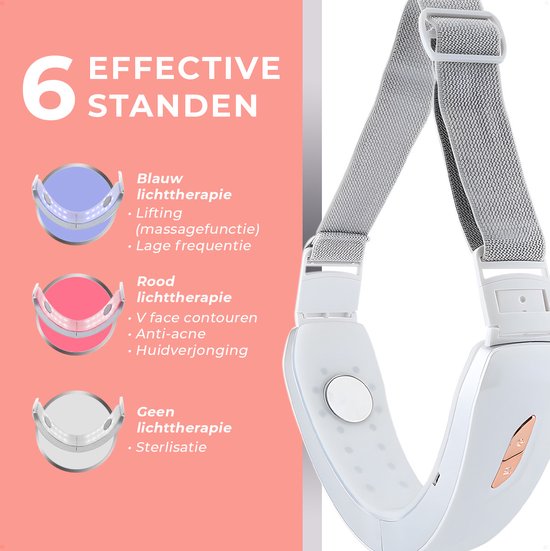 Wit kaaklijnapparaat met grijze band, toont blauwe en rode LED-lichttherapieopties: lifting, anti-acne, huidverjonging.