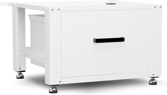 Élévateur de machine à laver blanc avec tiroir et poignée noire, sur pieds réglables.