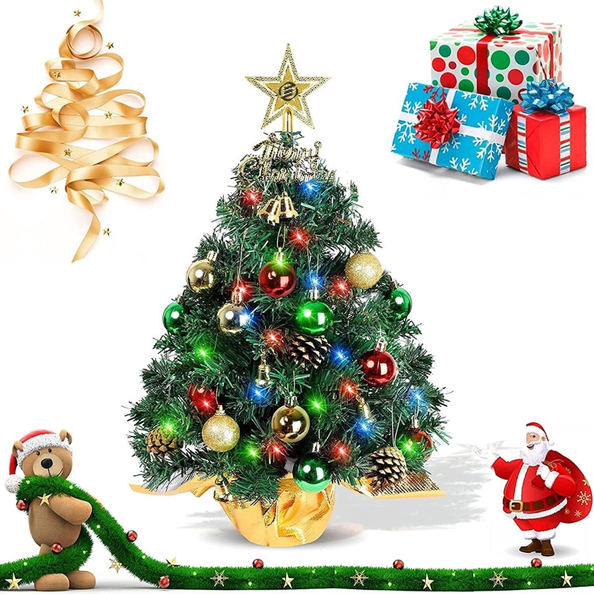 Equivera Mini Kerstboom - Kleine Kerstboom - Mini Kerstboompje met Verlichting - Mini Kerstboom met Lampjes - Mini Kerstboom met Decoratie - Mini Kerstboom met Versiering - Minikerstboom - Kerst Decoratie - Kerstversiering