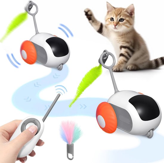 Hersance Interactief Kattenspeelgoed – Draaiende Bal Met Veertjes – Stemactivering – Obstakelvermijding – USB Oplaadbaar – Voor Kat & Hond