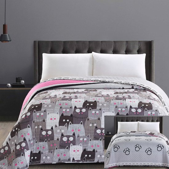DecoKing 32350 Sprei 220 x 240 cm microvezel sprei quilten tweezijdig onderhoudsvriendelijk beige lichtbruin cacaobruin grijs staal antraciet grafiet zwart wit roze katten cats' invasion