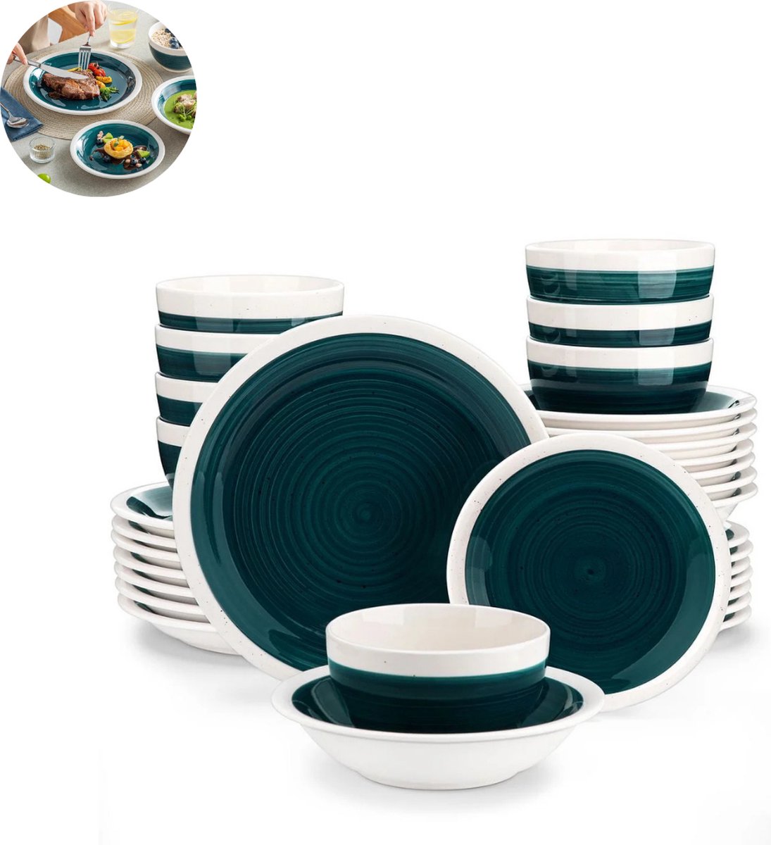 Luxe Serviesset – 48 delig – 12 persoons – Porselein - Bordenset – Dinner platen – Dessertborden - Kommen - Pastabord - Groen