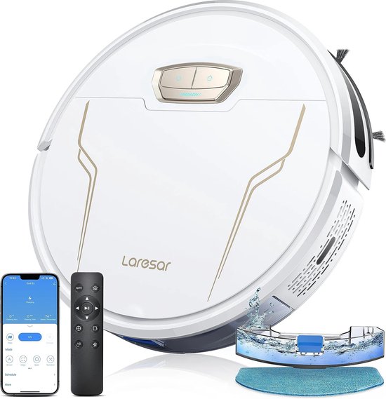 Laresar - Robotstofzuiger - Robotstofzuiger met Dweilfunctie - Voor Huisdieren - 5000Pa Zuigkracht - 150min Batterij - App en Spraakbesturing