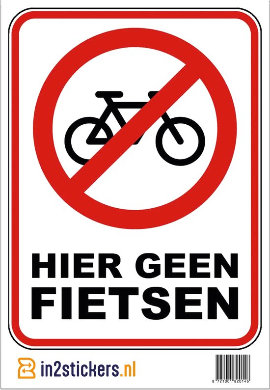 Sticker hier geen fietsen - 22,5 cm x 16,6 cm - Verboden voor fietsen - verbodssticker - Voor binnen en buiten