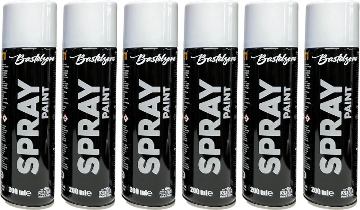 Spuitverf set 6 x 200 ml - wit. Sneldrogende graffiti-spuitbussen voor hout, steen, metaal, glas. wit (RAL 9016)