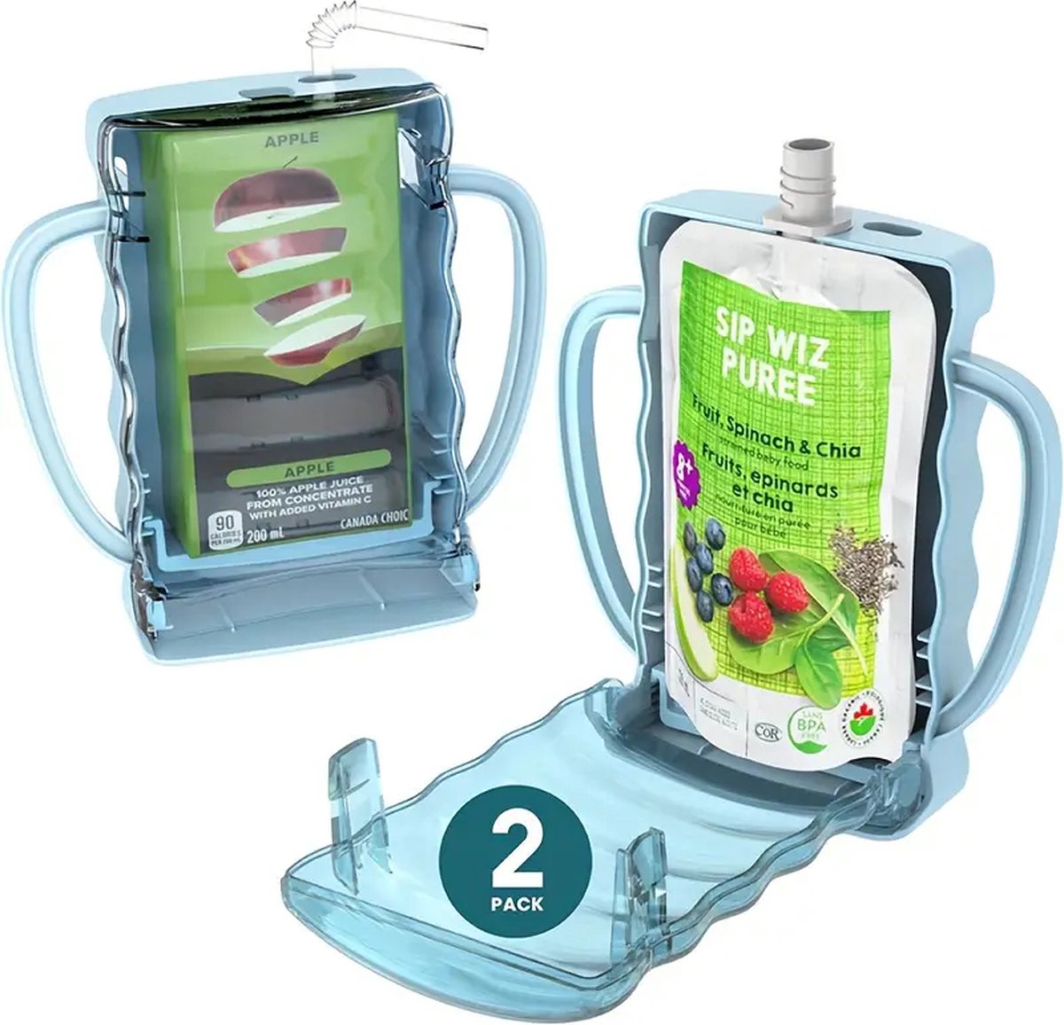 Goedkoopste 2-Pack Baby Sapdoos en Voedselzakjes Houder – Lichtblauw – Knijpvrij, Herbruikbaar en Vaatwasbestendig – Perfect voor Peuters en Kinderen – Veilig, BPA-vrij, Voorkomt Knijpen en Morsen – Past op Verschillende Formaten Sapdoosjes en Knijpzakjes