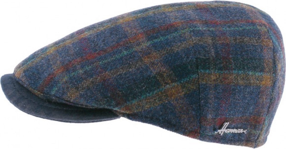 Herman Casquette plate en tweed à carreaux, avec visière unie Blauw 53