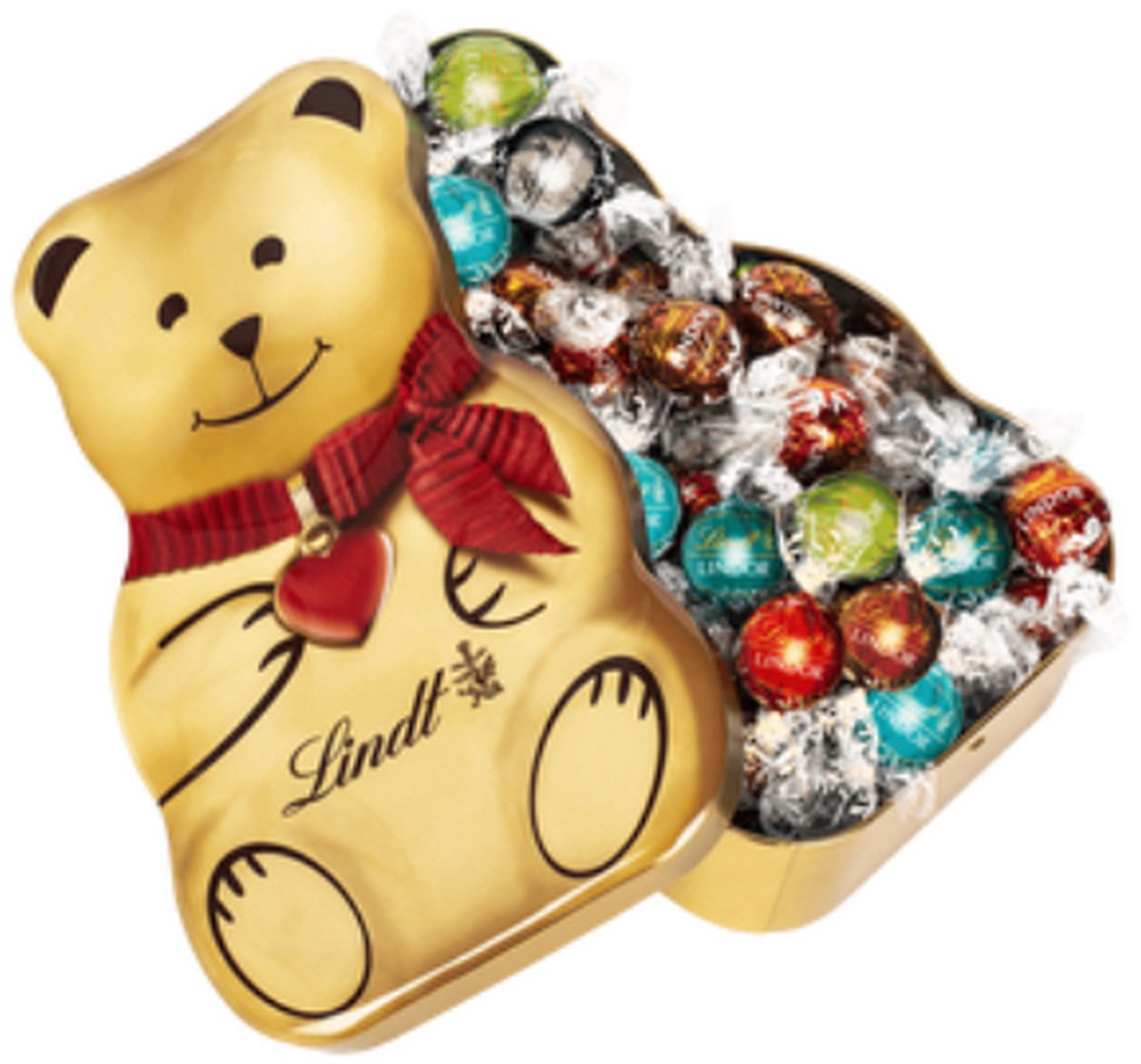 Lindt TEDDY Blik met chocolade bonbons - Goud herbruikbaar blik - 450 gram LINDOR bonbons - Kerstcadeau - Chocolade cadeau - melkchocolade - witte chocolade - pistache chocolade - pure chocolade